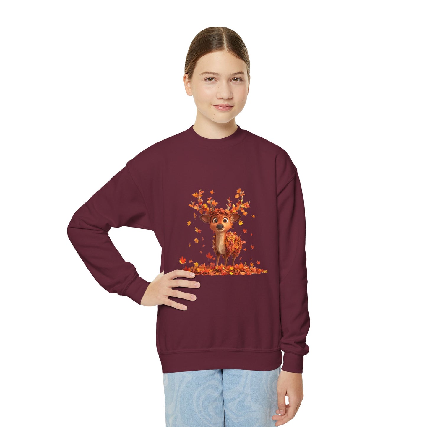 Youth Crewneck Sweatshirt - Deer Playing with Leaves