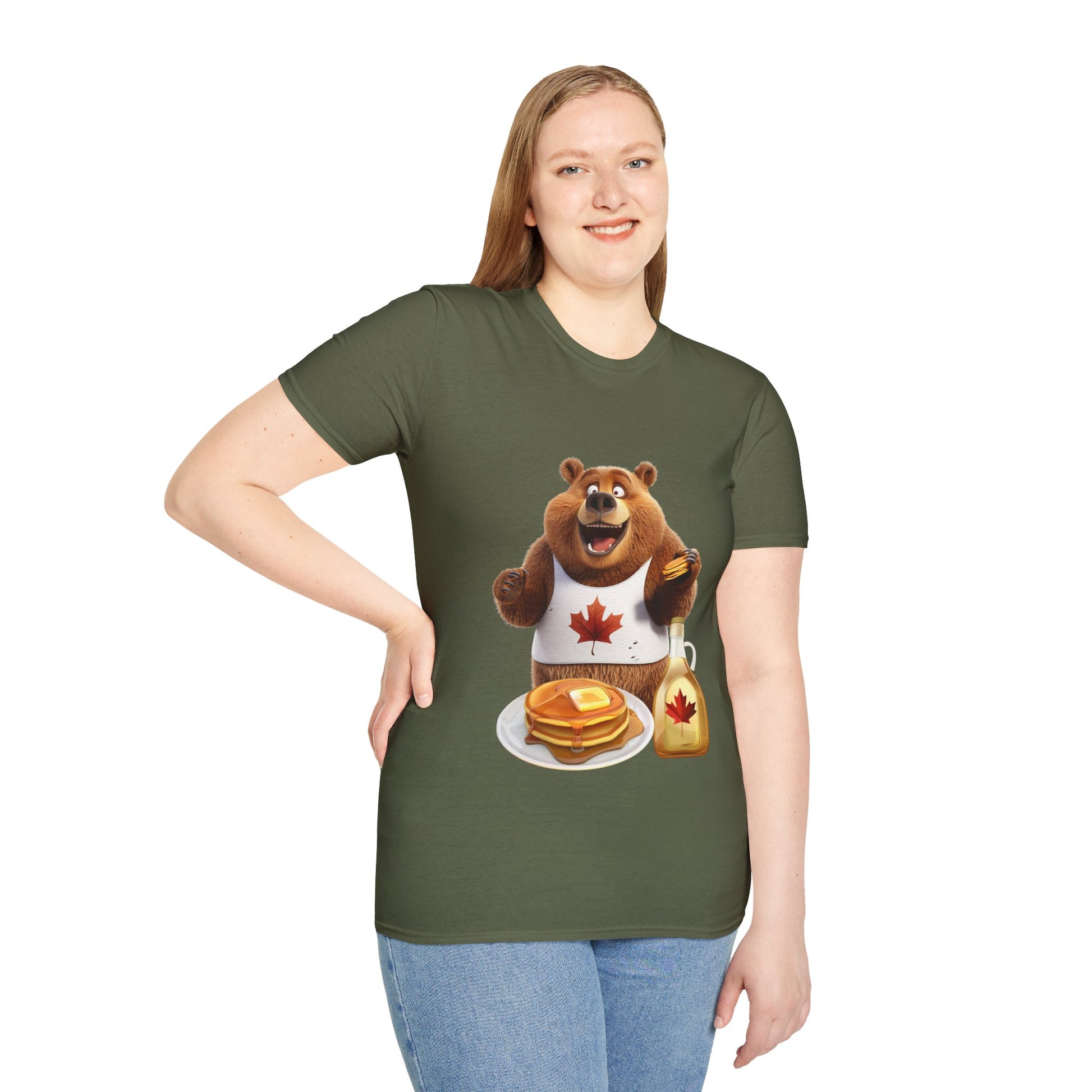 Unisex Softstyle T-Shirt - Grizzly Bear Loves Pancakes - CutieQ Shop